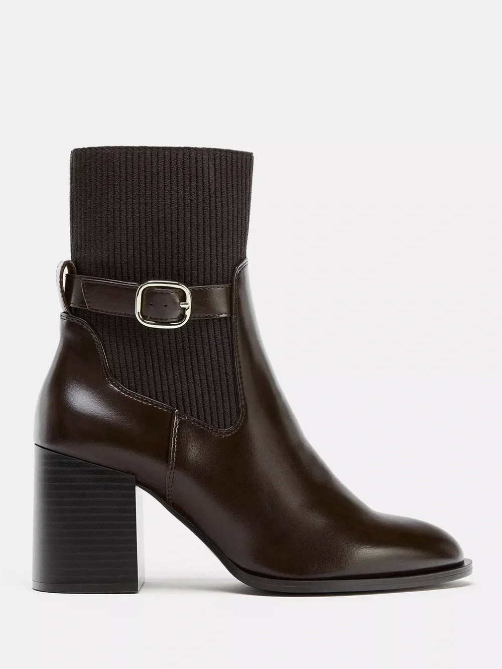 ZARA - Women's Brown Leather Ankle Boots with Knit Cuff